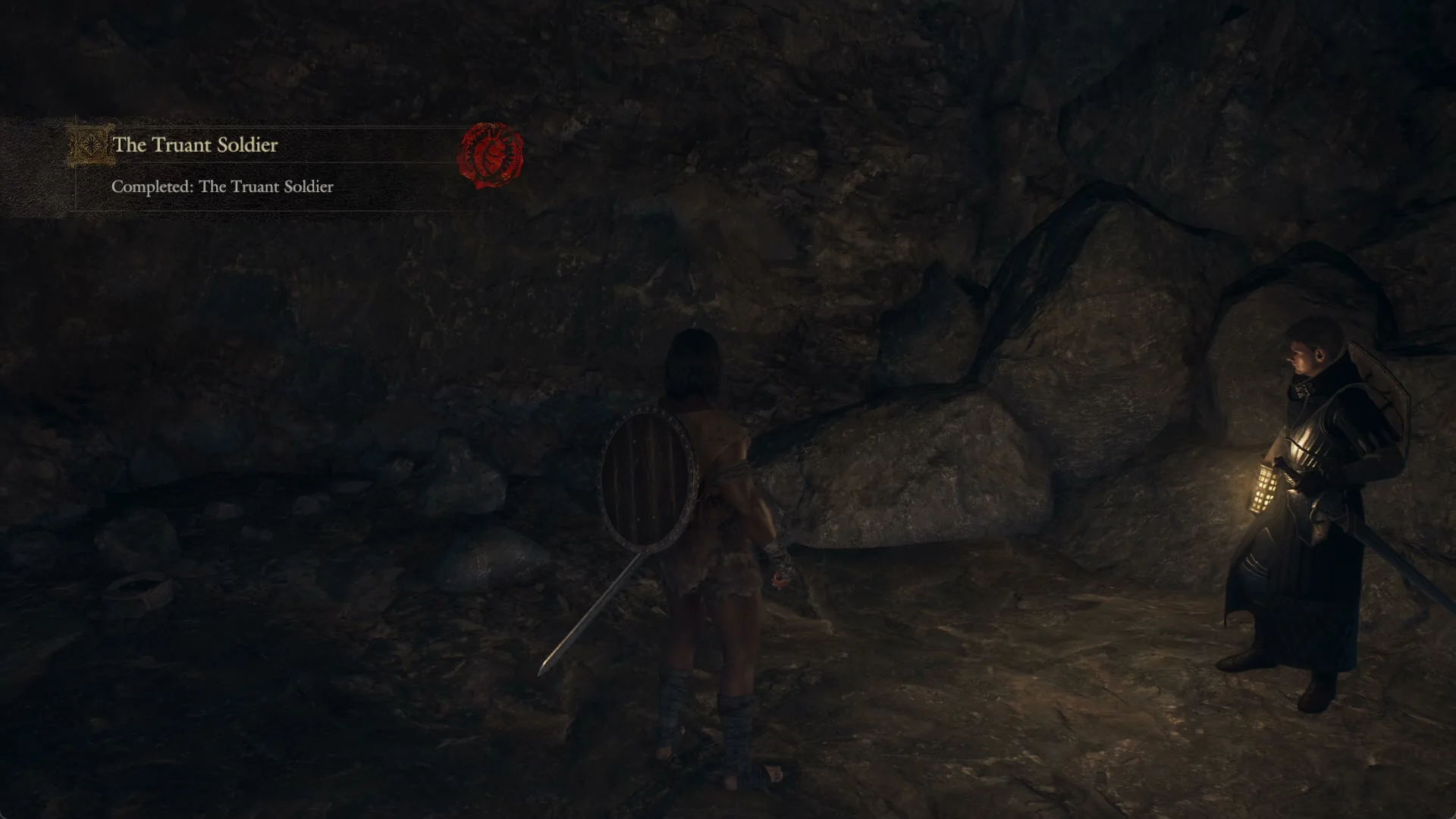 Banner Completed: The Truant Soldier in the Northwall Campground cave, Amos standing with a lantern