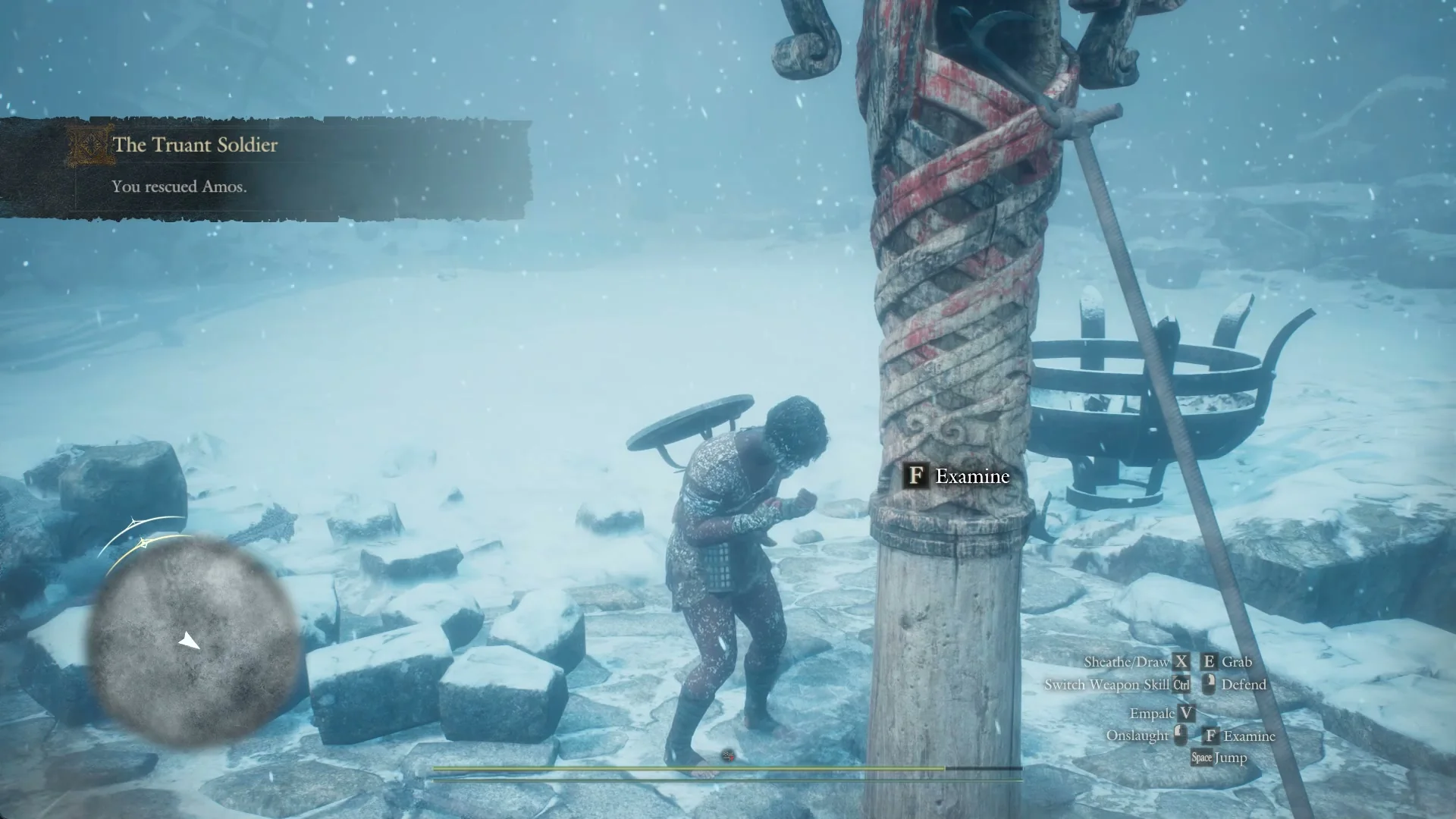 Quest banner The Truant Soldier: You rescued Amos, beside the tether post and brazier in the snow