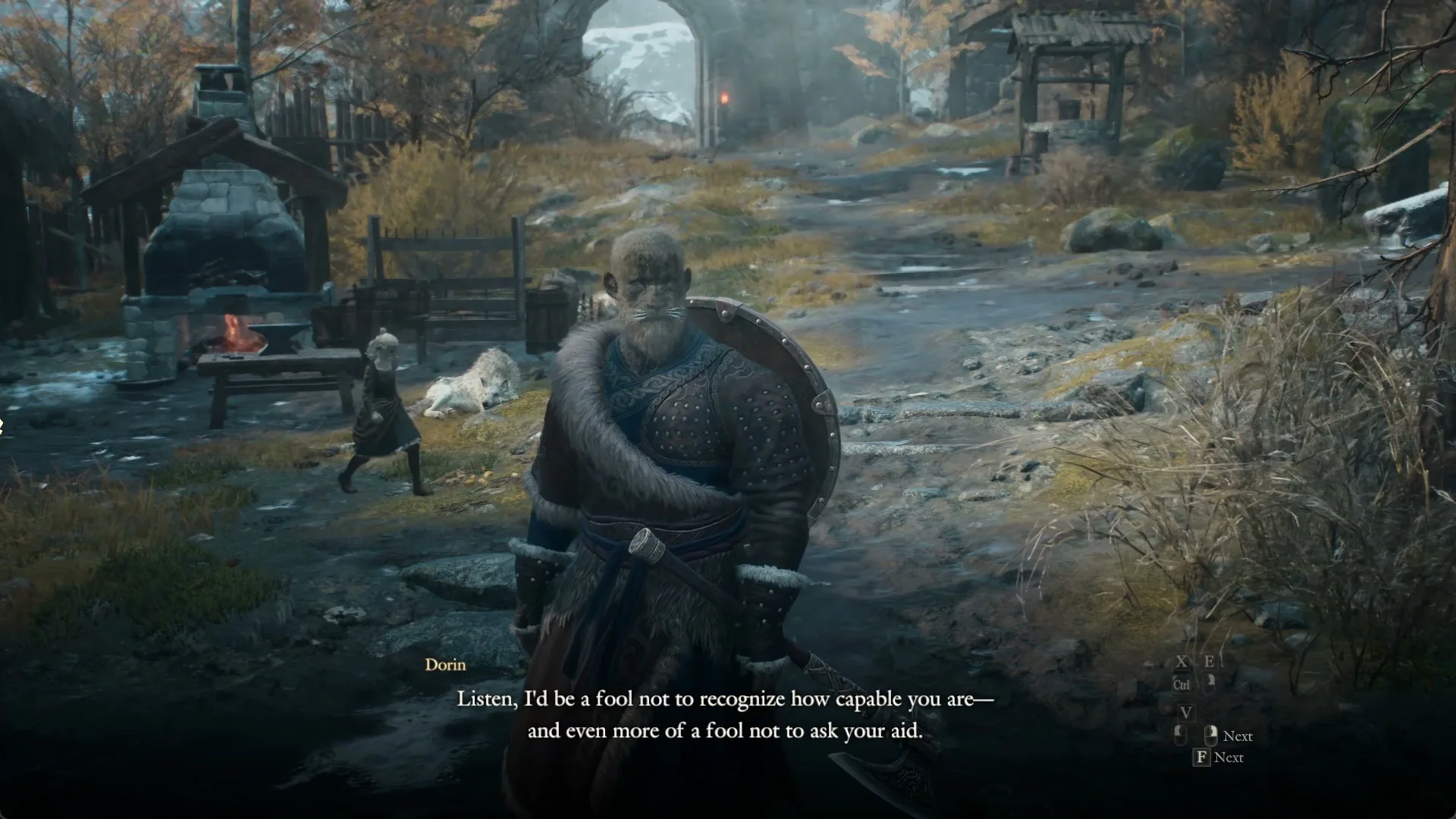 Dorin stands in the Norgandian Settlement in daylight with the forge and the stone arch gate behind him and asks for the Arisen's aid