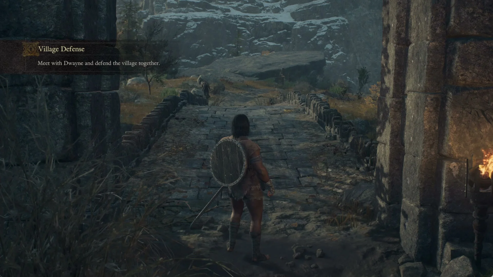 Objective Village Defense: Meet with Dwayne and defend the village together, with the Arisen at the stone gate and causeway at dusk