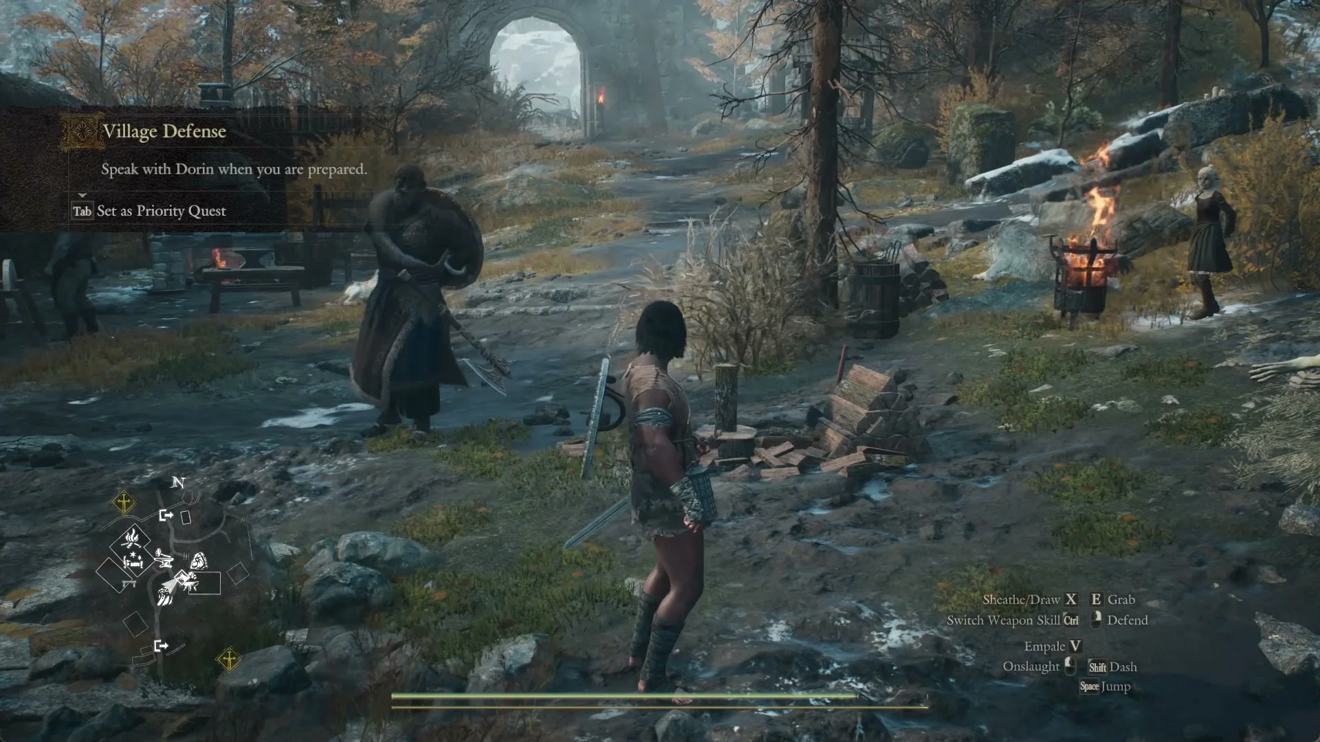 Quest banner Village Defense: Speak with Dorin when you are prepared, with Dorin walking off toward the forge in the Norgandian Settlement