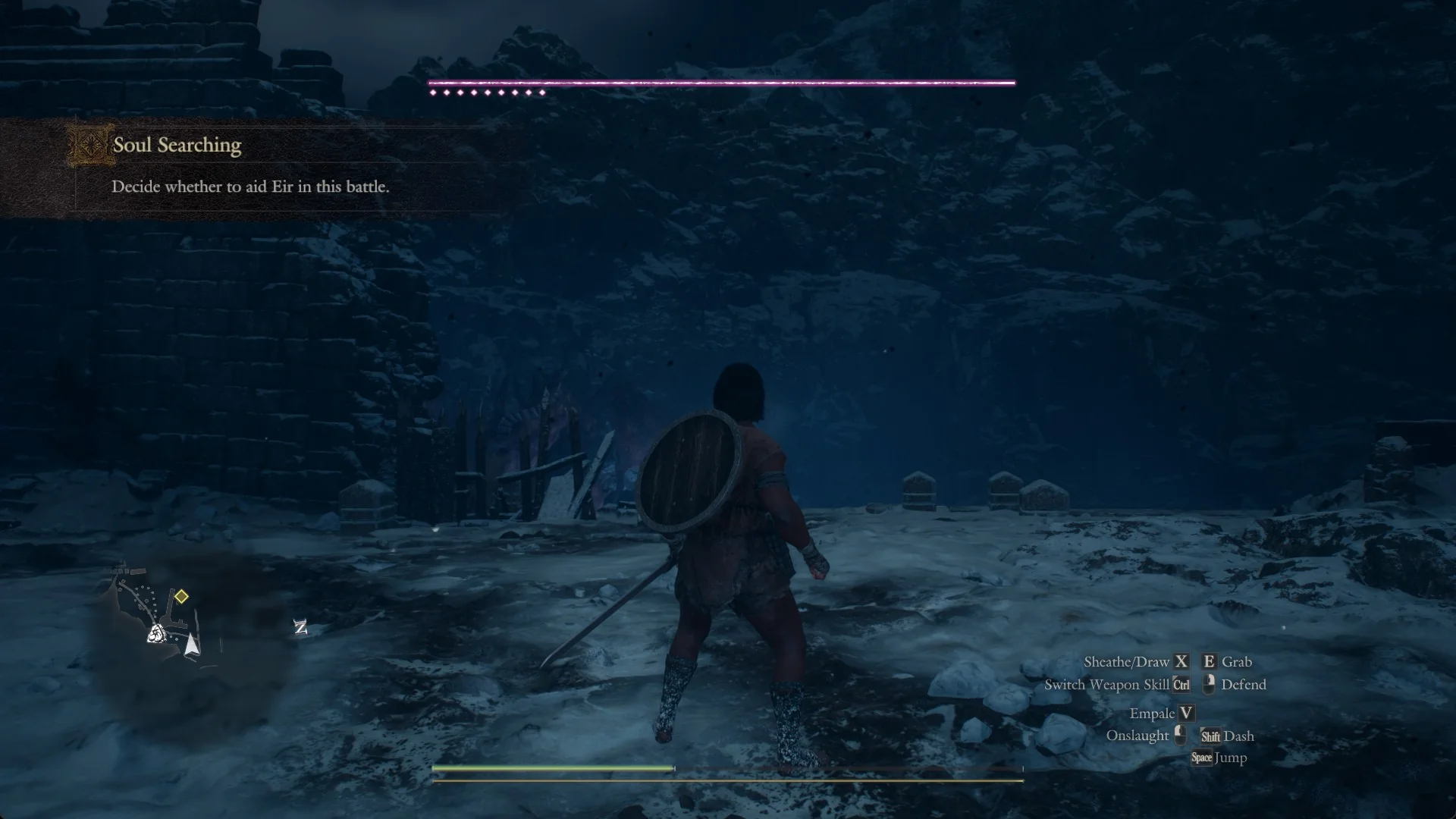 Objective Soul Searching: Decide whether to aid Eir in this battle, with a magenta boss bar and nine pips at the top of the screen