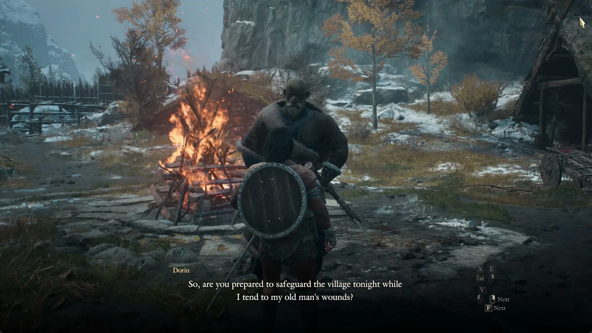 Dorin talks with the Arisen in front of the bonfire in the Norgandian Settlement