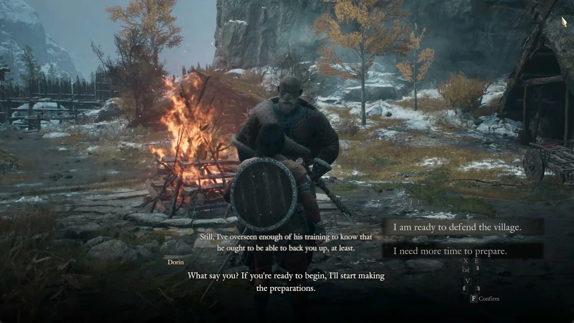 Dorin at the settlement bonfire with the choice I am ready to defend the village and I need more time to prepare