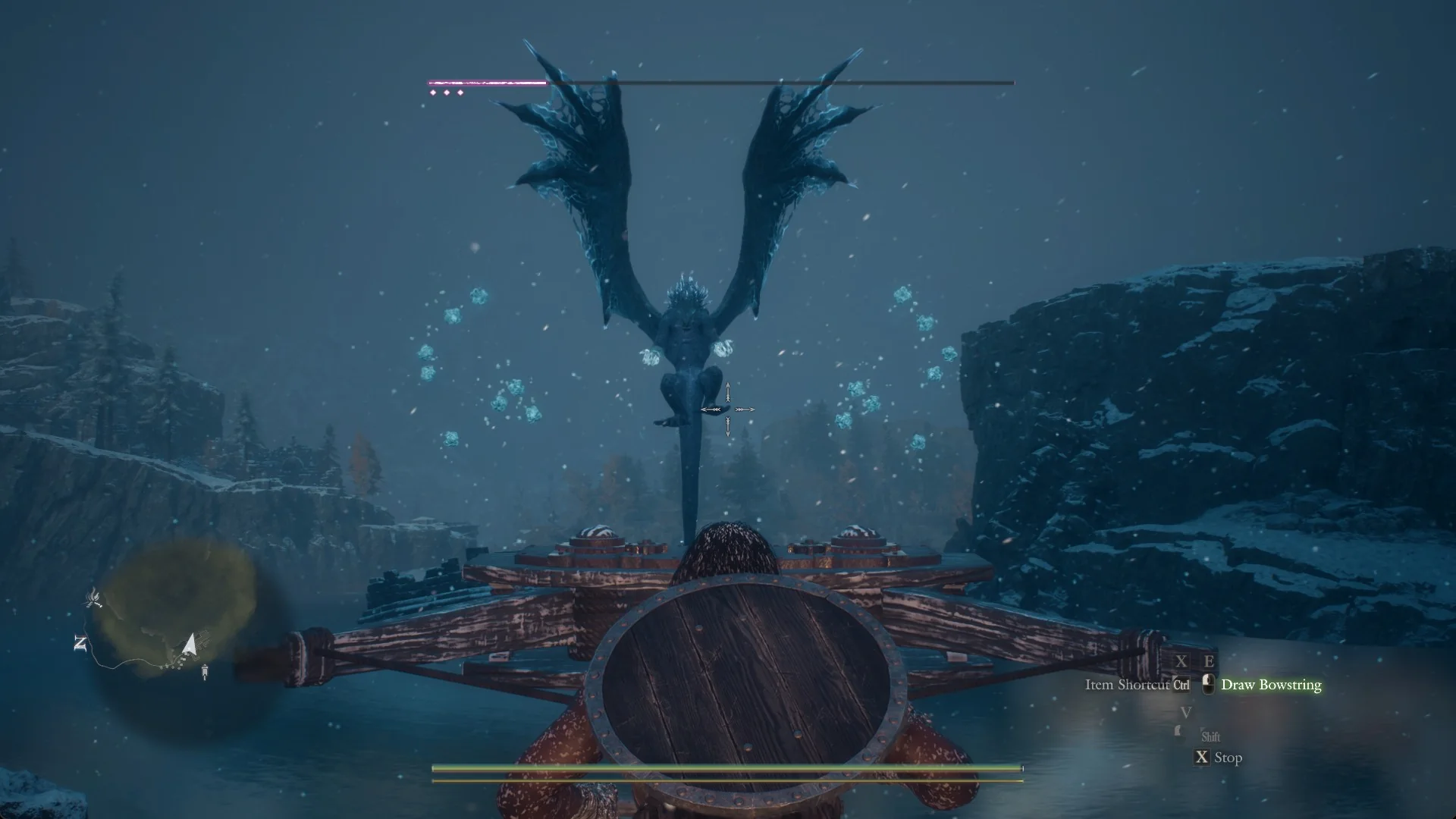 Seated at a ballista with the Draw Bowstring hint lit while the fimbl hangs in the air above the lake with its wings spread