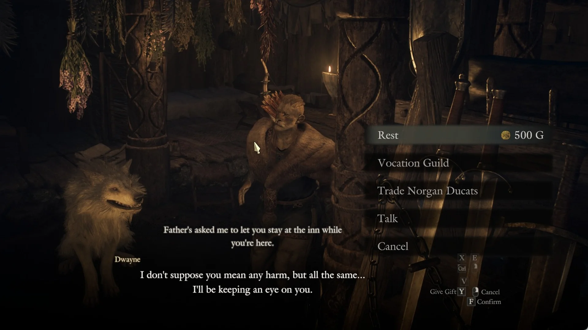 Dwayne inside the Norgandian Inn with his menu open, listing Rest 500 G, Vocation Guild, Trade Norgan Ducats, Talk and Cancel.