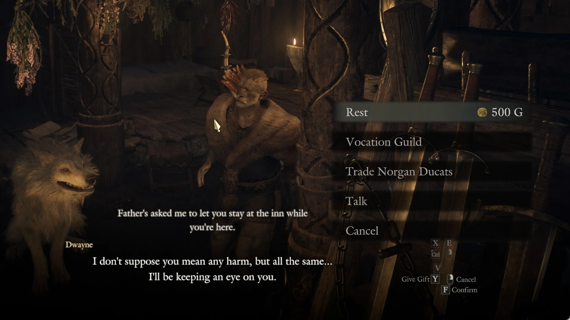 Dwayne in the Norgandian Inn with the menu Rest 500 G, Vocation Guild, Trade Norgan Ducats, Talk, Cancel