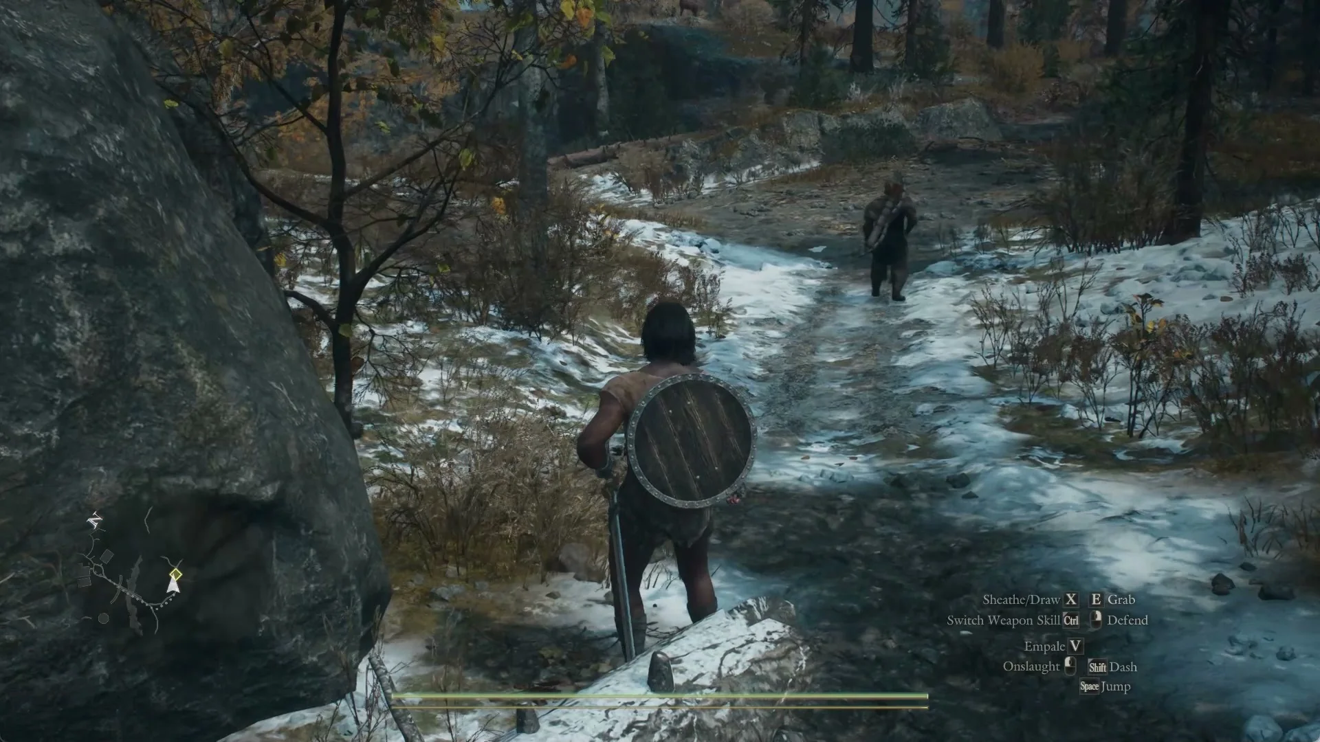 Dwayne walks ahead along a snowy track outside the Norgandian Settlement with the Arisen a few steps behind