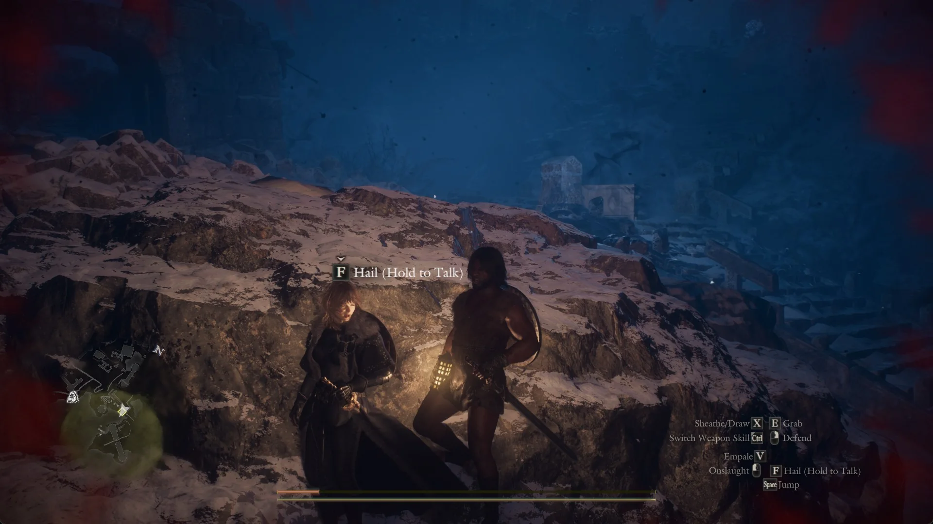 Eir standing beside the Arisen on a snowy rock ledge by lantern light, with the Hail (Hold to Talk) prompt on her