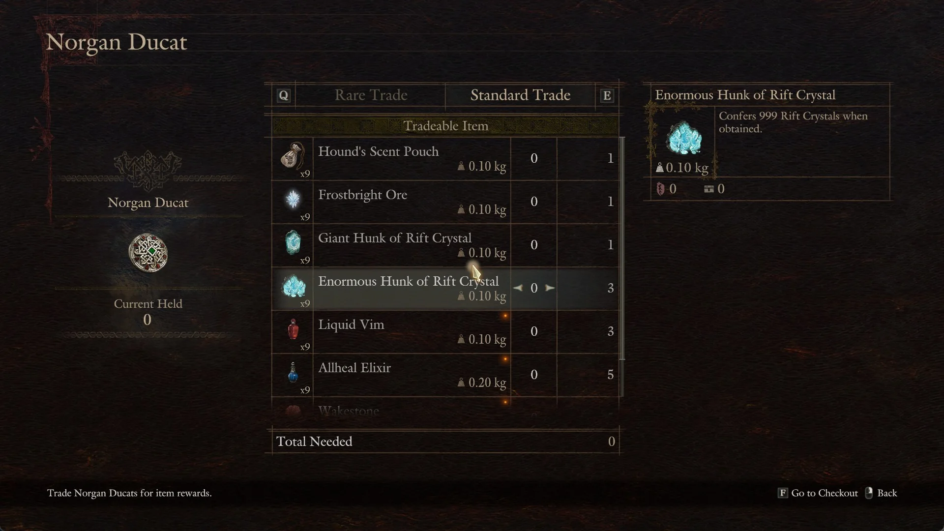 Norgan Ducat screen with Enormous Hunk of Rift Crystal selected: Confers 999 Rift Crystals when obtained