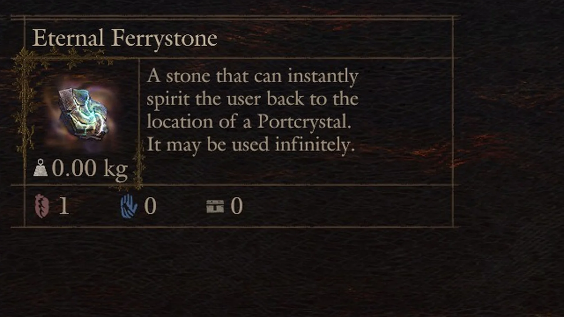 Item panel for the Eternal Ferrystone with its description and a weight of 0.00 kg