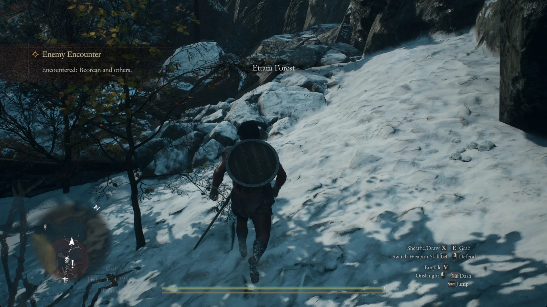 The Arisen on a sunlit snow slope with the area name Ettam Forest and the Enemy Encounter banner naming Beorcan and others