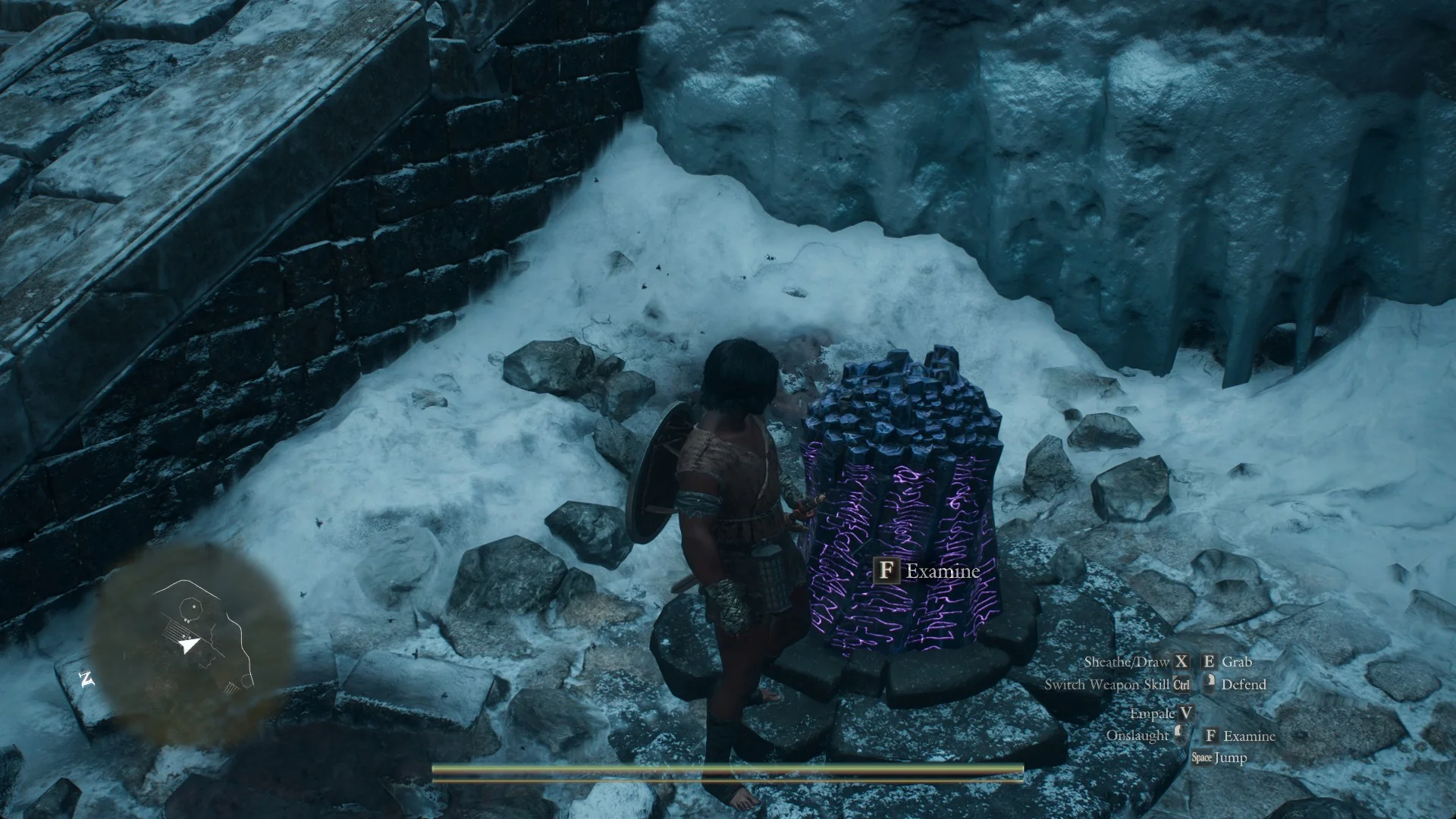 The Examine prompt on a Norgan Portcrystal, a squat crystal with purple runes on a ring of stones in the snow