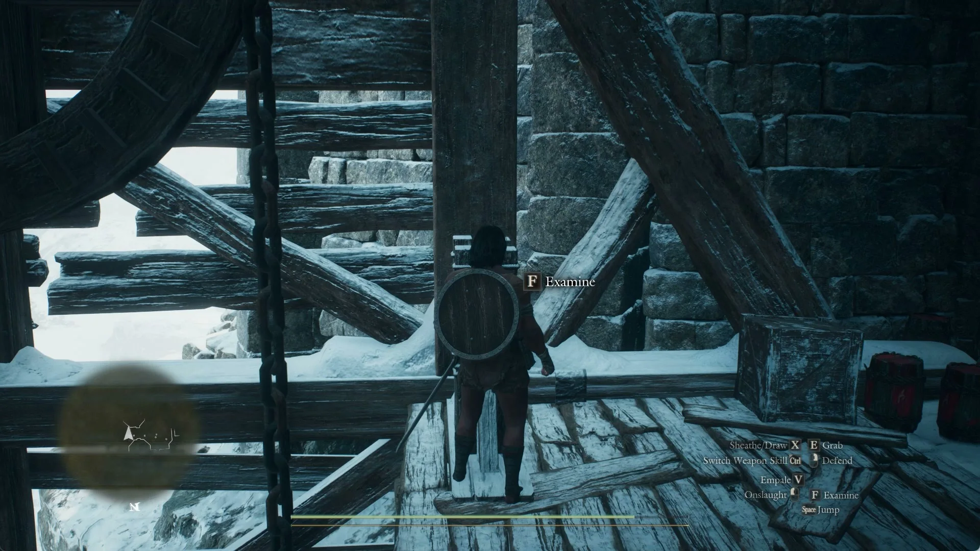 The Examine prompt beside the Arisen standing at the wooden winch post on the plank floor