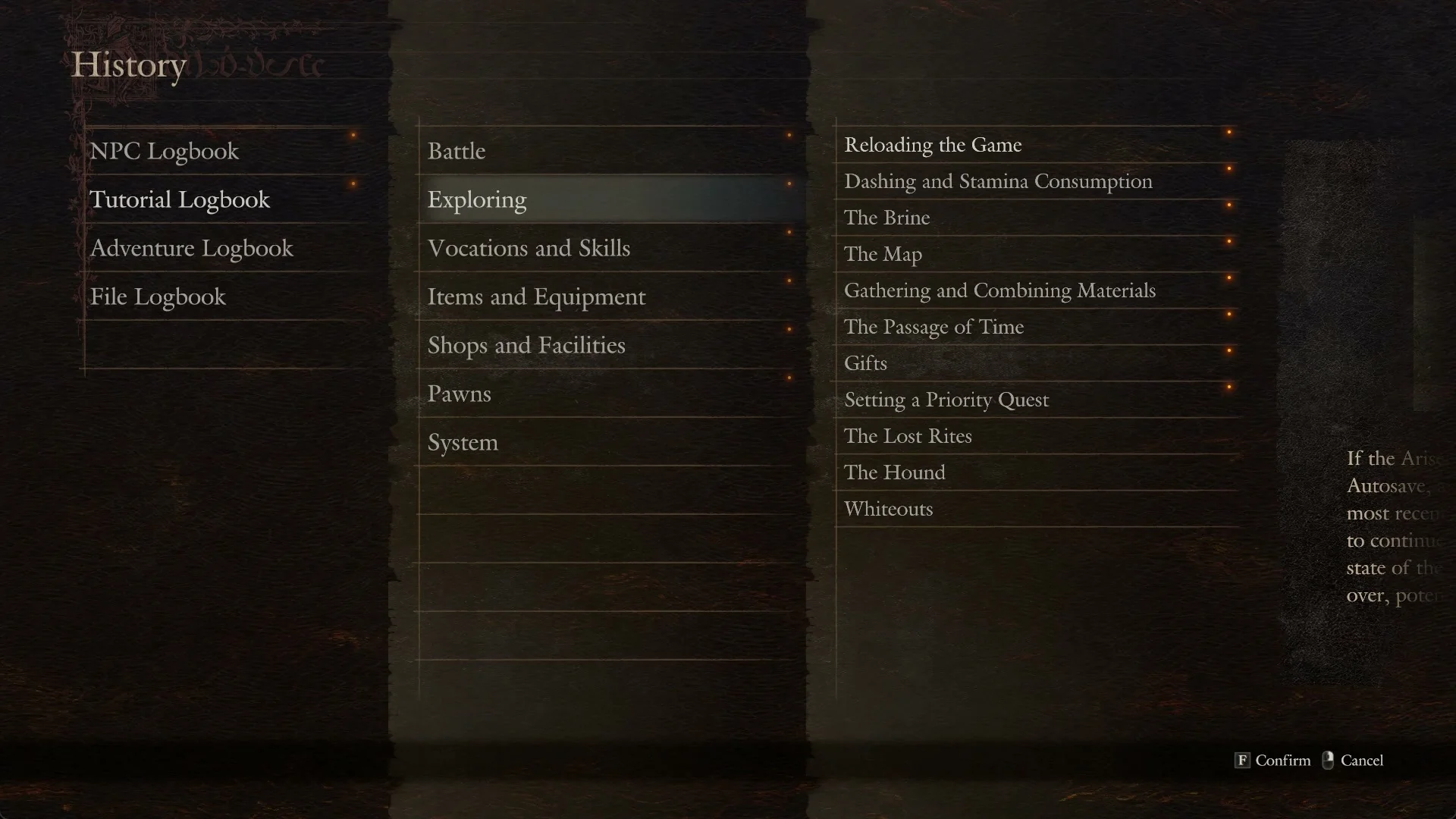 The Exploring category of the Tutorial Logbook listing Reloading the Game, The Brine, The Map, The Hound, Whiteouts and more