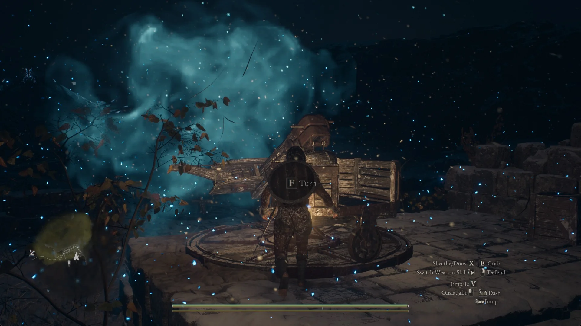 The Arisen beside a ballista on the upper terrace with the F Turn prompt over him and an ice cloud bursting nearby