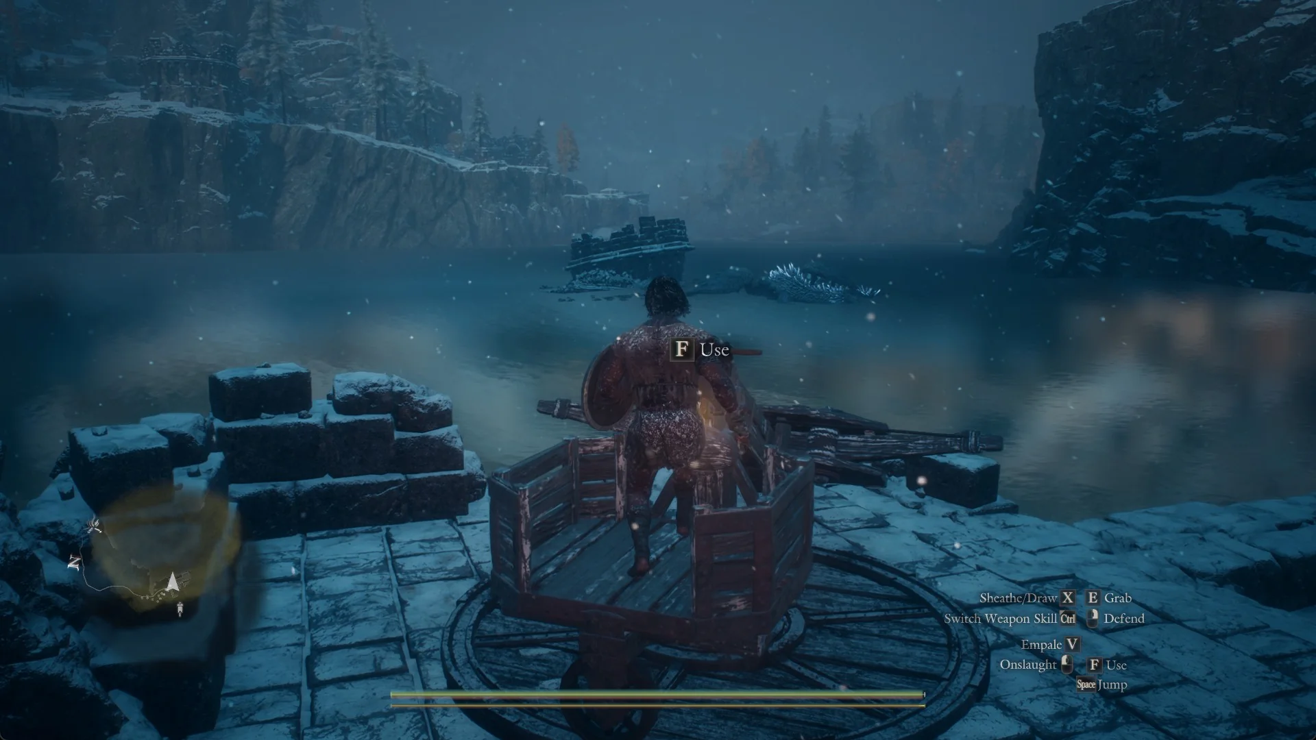 The Arisen at the seat side of a ballista on a round paved platform facing Lake Norgan, with the F Use prompt above it