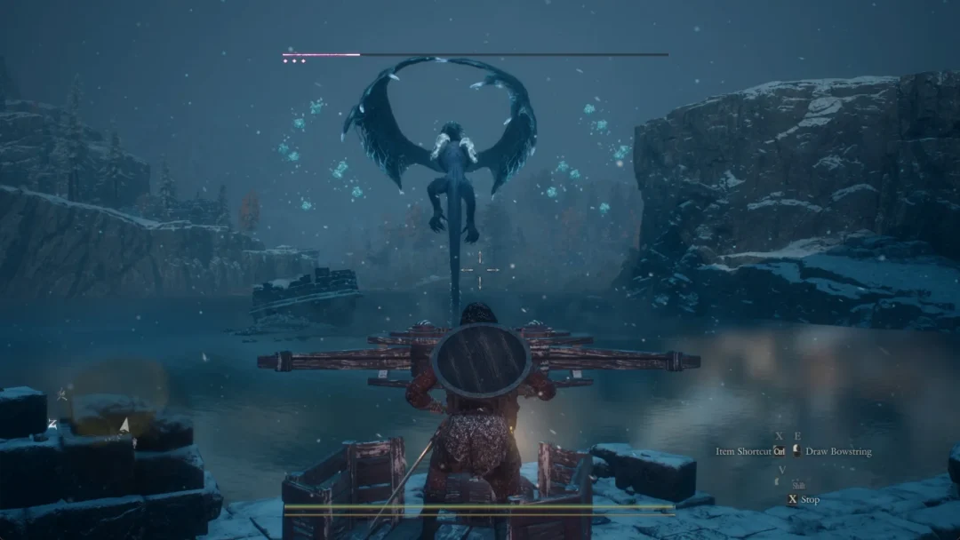 The fimbl hovering with its wings spread over Lake Norgan above the Arisen seated at a ballista