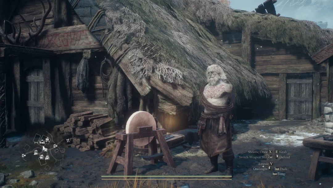 Hal standing by his grindstone and forge in the Norgandian Settlement