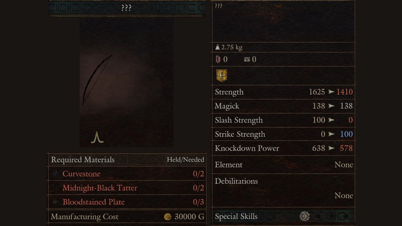 Hal's Workshop panel for the bow row shown as ??? with Curvestone, Midnight-Black Tatter and Bloodstained Plate