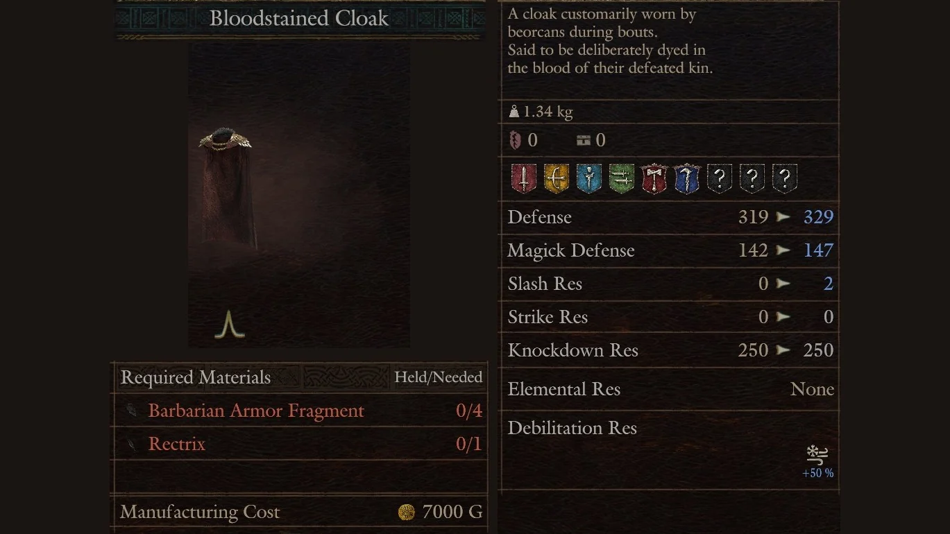 Hal's Workshop panel for the Bloodstained Cloak showing Barbarian Armor Fragment x4, Rectrix x1, 7000 G and the thermal icon at +50 %