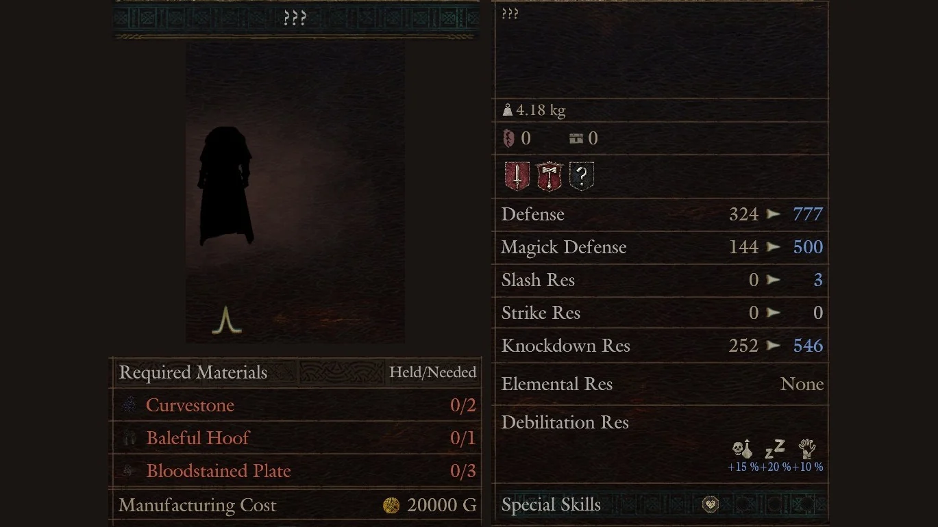 Hal's Workshop panel for a body armour row shown as ??? needing Curvestone, Baleful Hoof and Bloodstained Plate for 20000 G