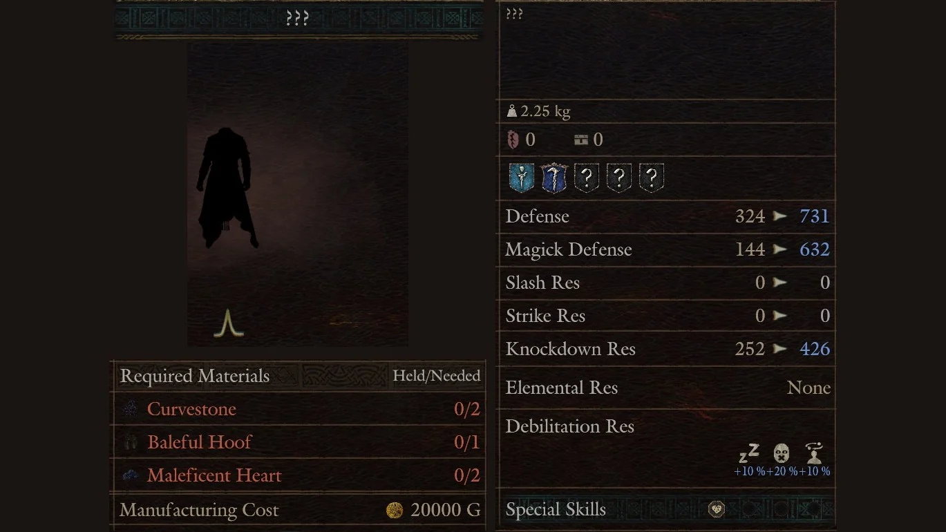Hal's Workshop panel for a body armour row shown as ??? needing Curvestone, Baleful Hoof and Maleficent Heart for 20000 G