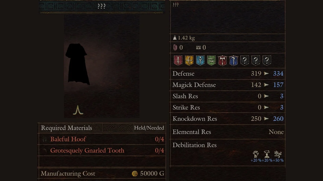 Hal's Workshop panel for a cloak row shown as ??? needing Baleful Hoof x4 and Grotesquely Gnarled Tooth x4 for 50000 G