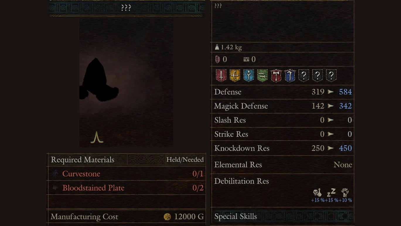 Hal's Workshop panel for a head armour row shown as ??? needing Curvestone and Bloodstained Plate for 12000 G