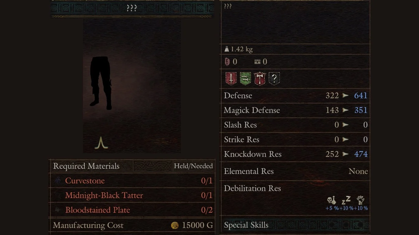 Hal's Workshop panel for a leg armour row shown as ??? needing Curvestone, Midnight-Black Tatter and Bloodstained Plate for 15000 G