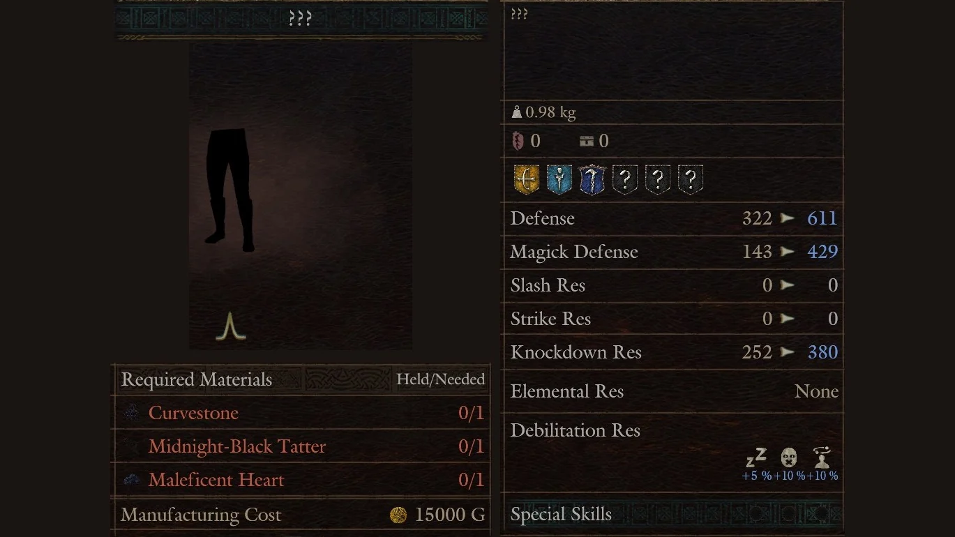 Hal's Workshop panel for a leg armour row shown as ??? needing Curvestone, Midnight-Black Tatter and Maleficent Heart for 15000 G