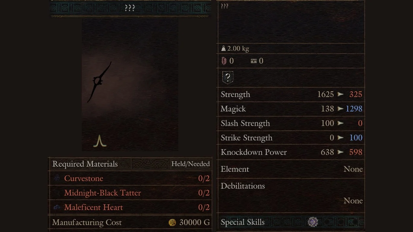 Hal's Workshop panel for the magick bow row shown as ??? with its materials and 30000 G cost