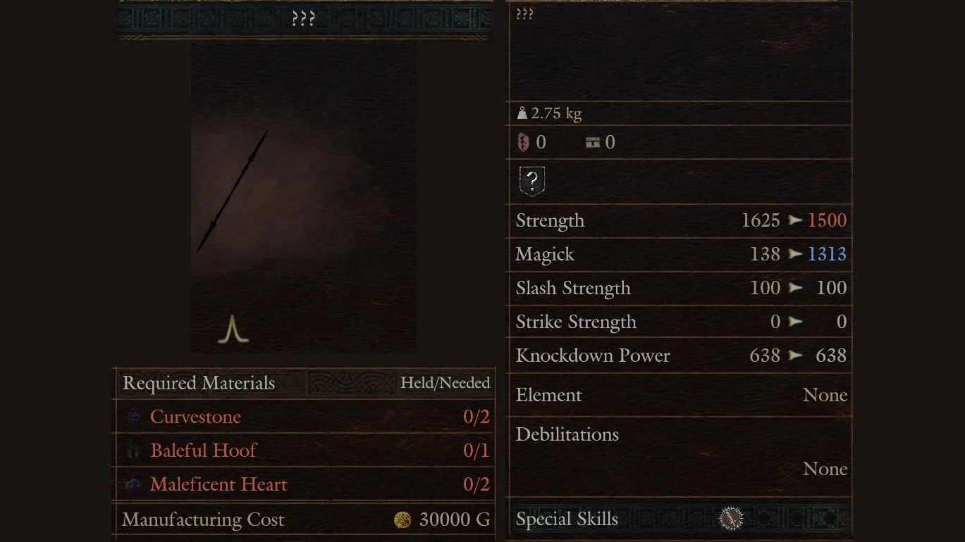 Hal's Workshop panel for the duospear row shown as ??? with its materials and 30000 G cost