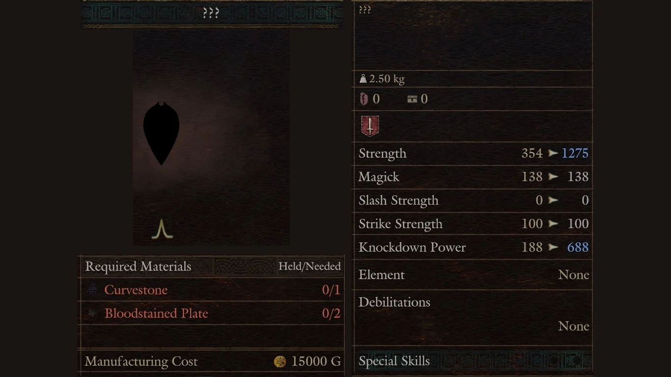 Hal's Workshop panel for the shield row shown as ??? with Curvestone and Bloodstained Plate for 15000 G