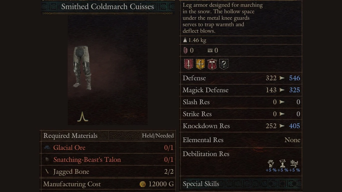 Hal's Workshop panel for the Smithed Coldmarch Cuisses with the thermal icon at +5 %