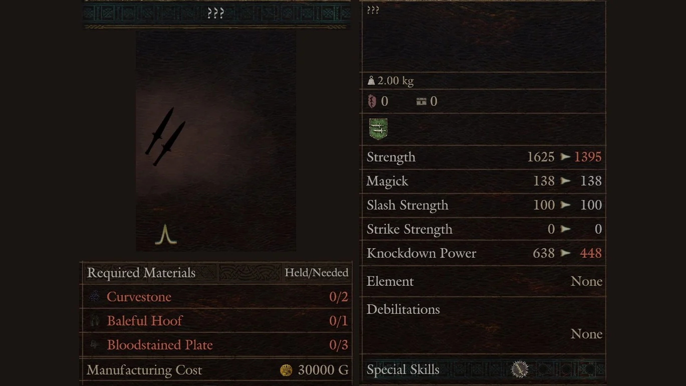 Hal's Workshop panel for the dagger row shown as ??? with its materials and 30000 G cost