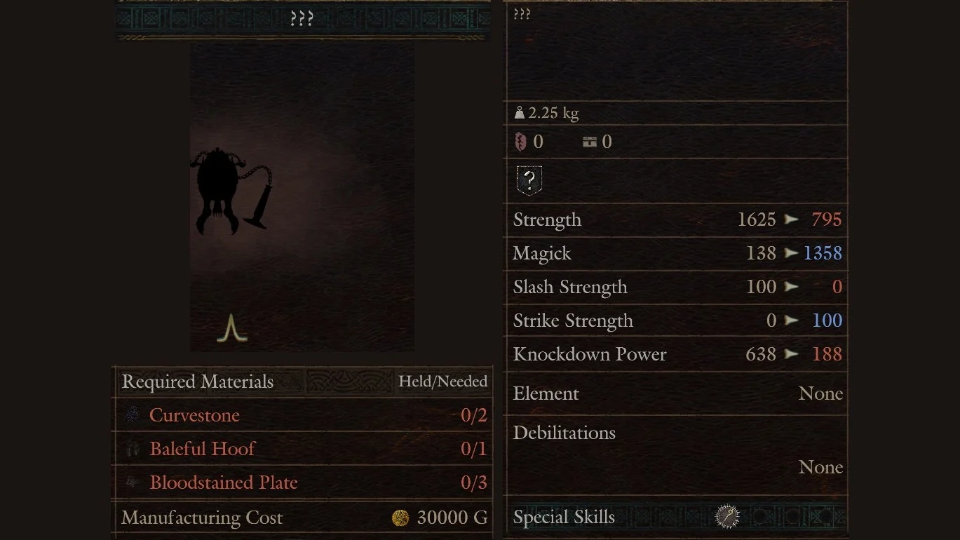 Hal's Workshop panel for the censer row shown as ??? with Curvestone, Baleful Hoof and Bloodstained Plate