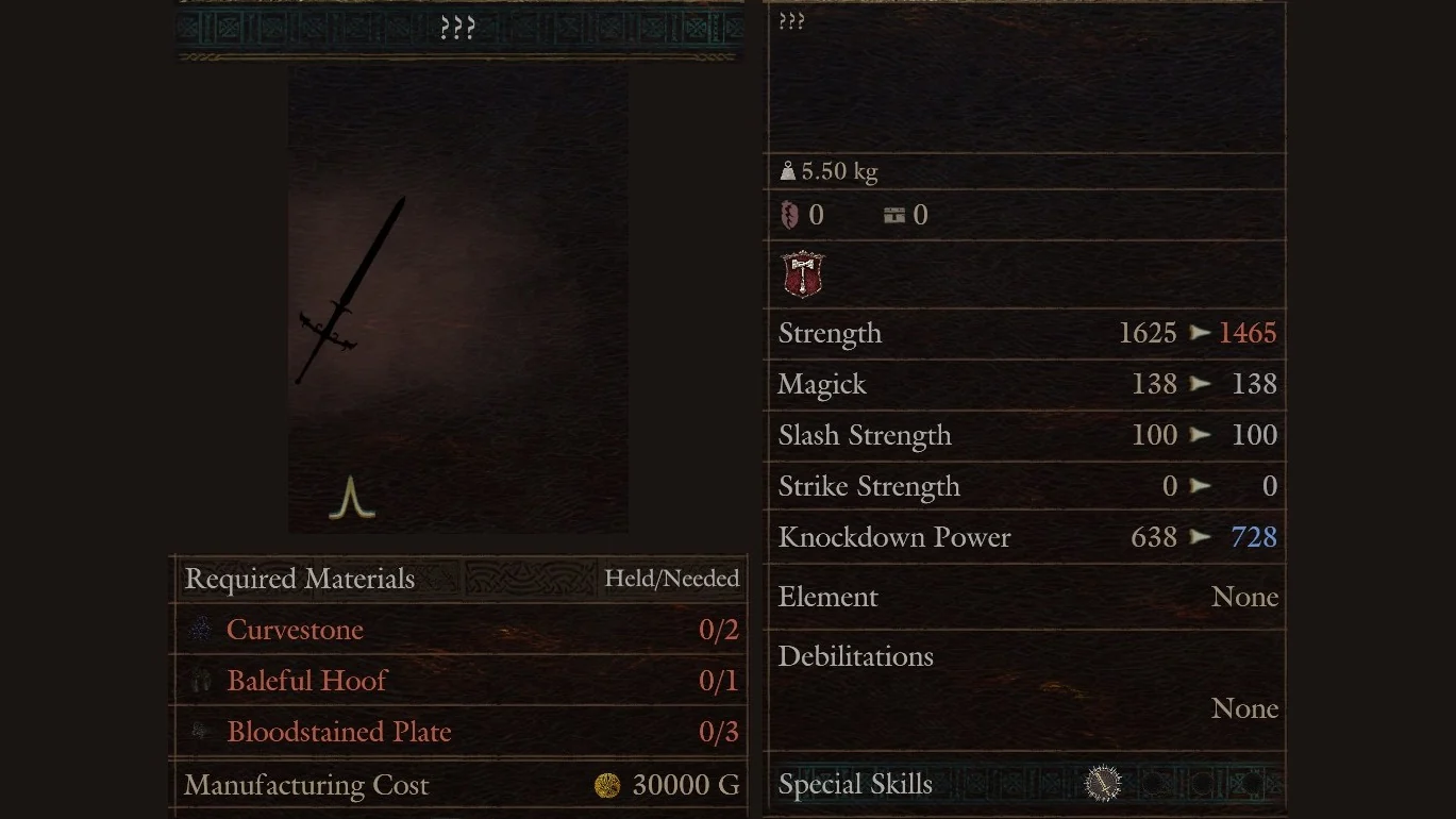 Hal's Workshop panel for the greatsword row shown as ??? with Curvestone, Baleful Hoof and Bloodstained Plate for 30000 G