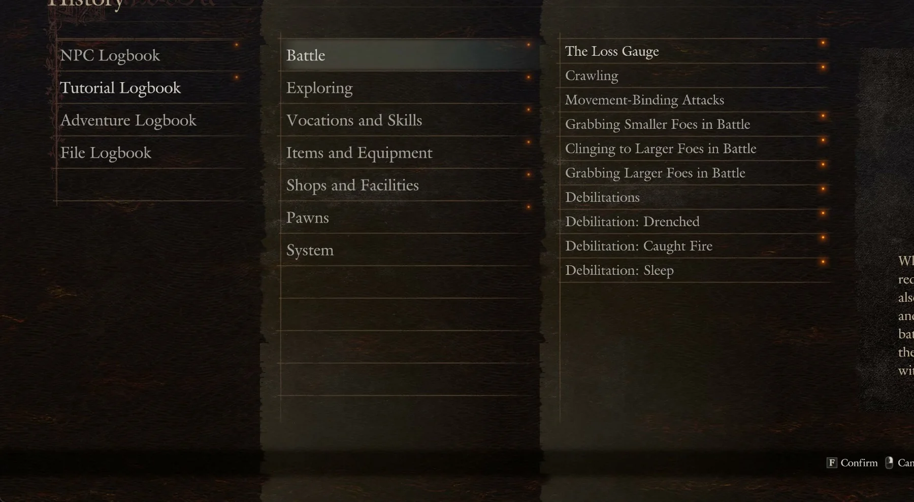 The History screen with Tutorial Logbook chosen, its seven categories and the Battle list of tutorials