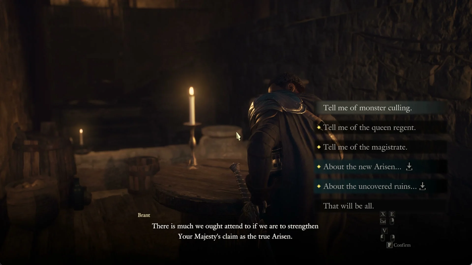 Captain Brant's topic menu in the Stardrop Inn with About the new Arisen and About the uncovered ruins, each marked with a download arrow