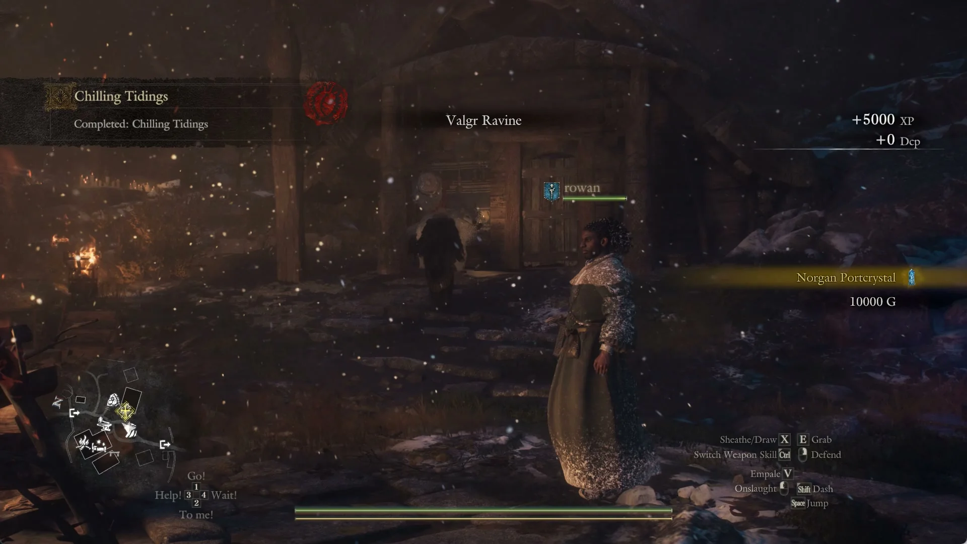 Banner Completed: Chilling Tidings at night in the Norgandian Settlement, with +5000 XP, Norgan Portcrystal and 10000 G at the right edge