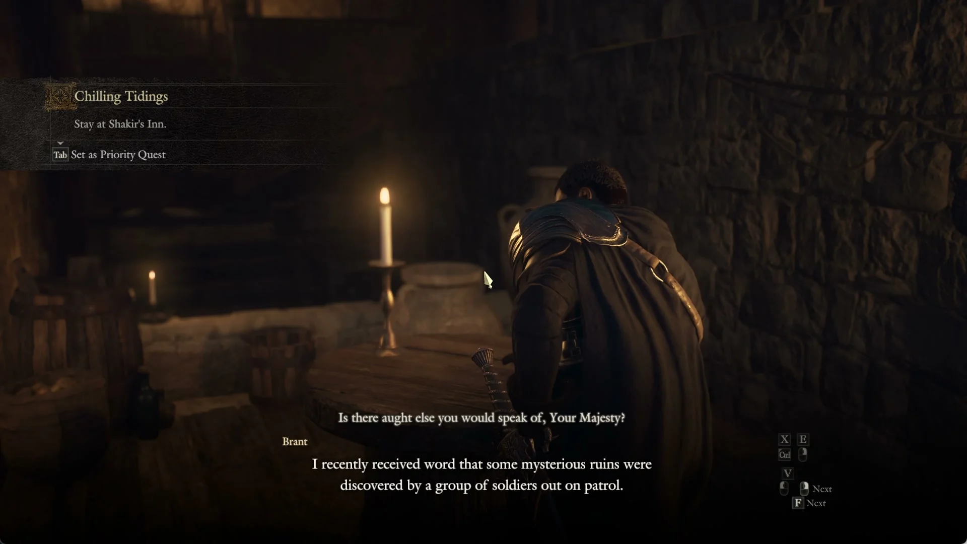 Quest banner Chilling Tidings: Stay at Shakir's Inn, with Set as Priority Quest, shown during the talk with Brant