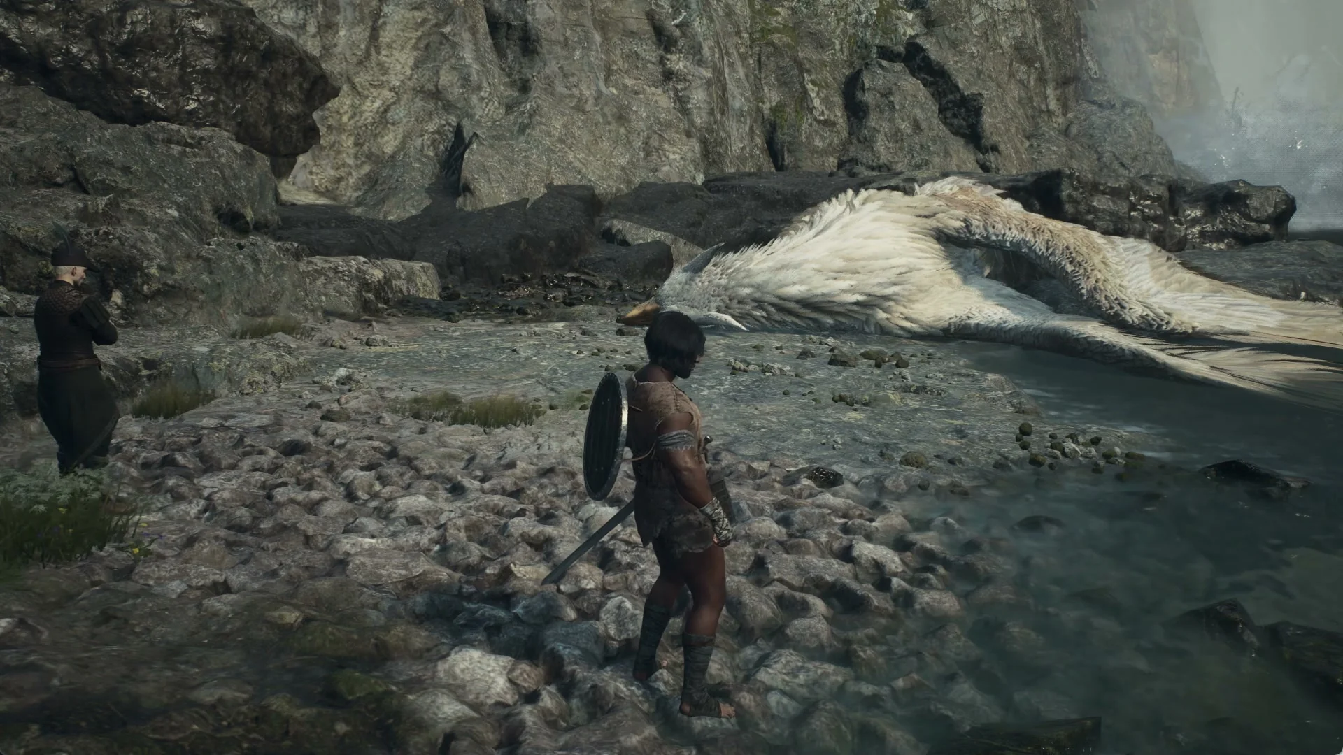 A white griffin lies on a pebble shore below a cliff while a man in dark clothes stands to the left of the Arisen