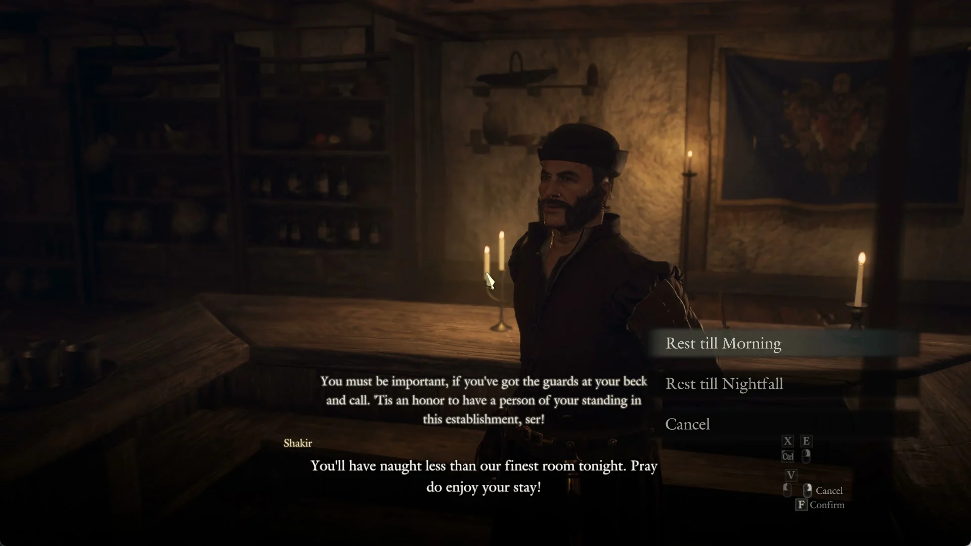 Shakir at his inn counter with the choices Rest till Morning, Rest till Nightfall and Cancel