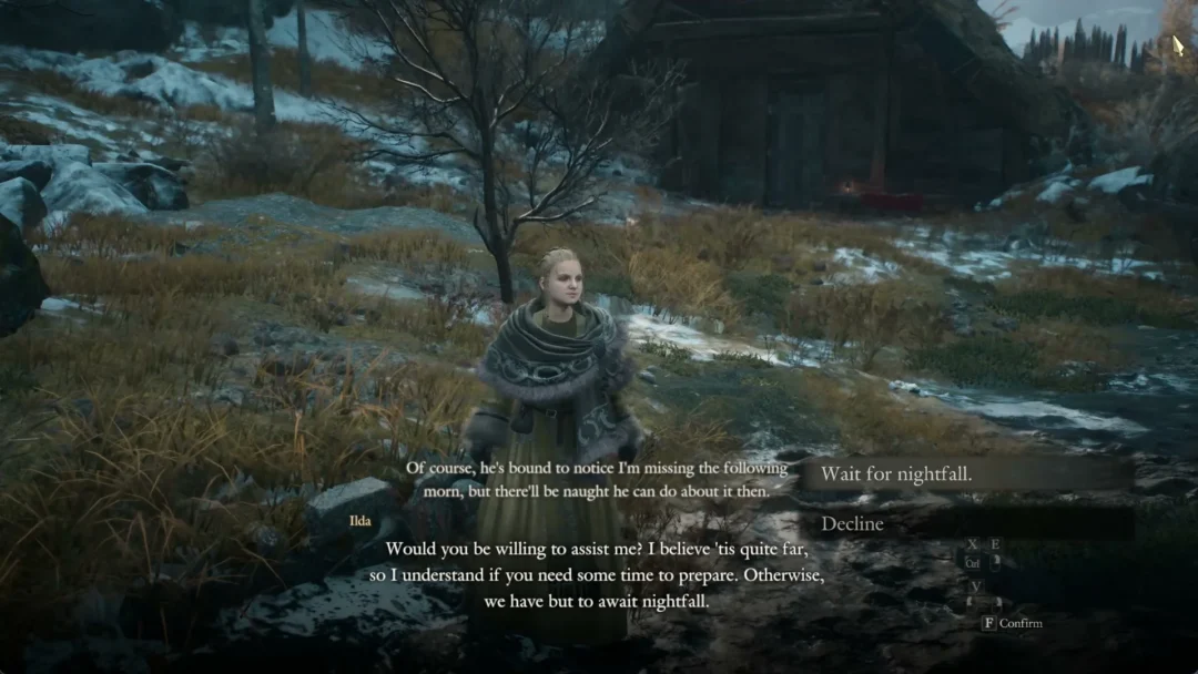 Ilda in the Norgandian Settlement with the choices Wait for nightfall and Decline
