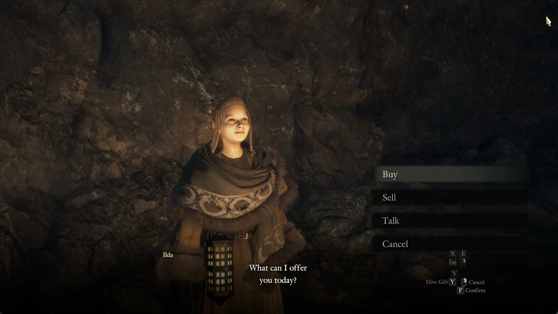 Ilda's menu with the rows Buy, Sell, Talk and Cancel