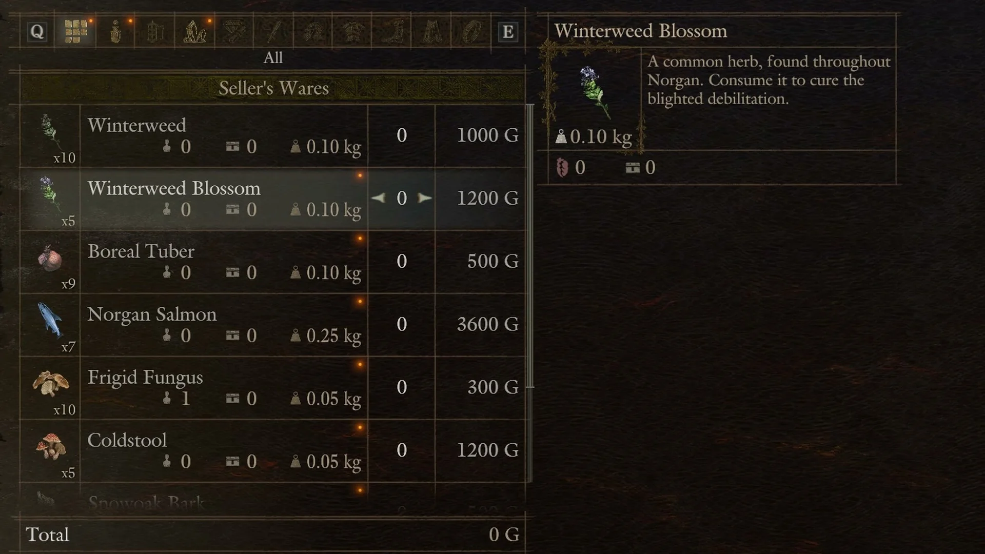 Ilda's Seller's Wares list with Winterweed Blossom selected at 1200 G and its description on the right