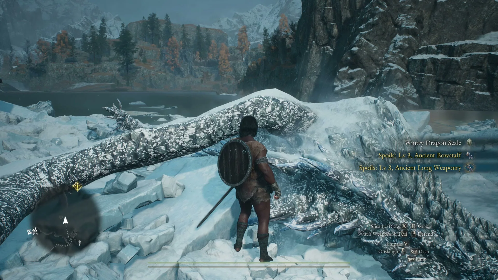 Item lines at the right of the screen reading Wintry Dragon Scale and Lv 3 spoils after examining the remains