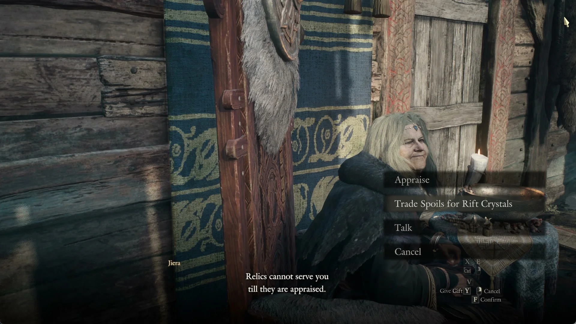 Jiera seated by her bronze bowl with the menu Appraise, Trade Spoils for Rift Crystals, Talk, Cancel
