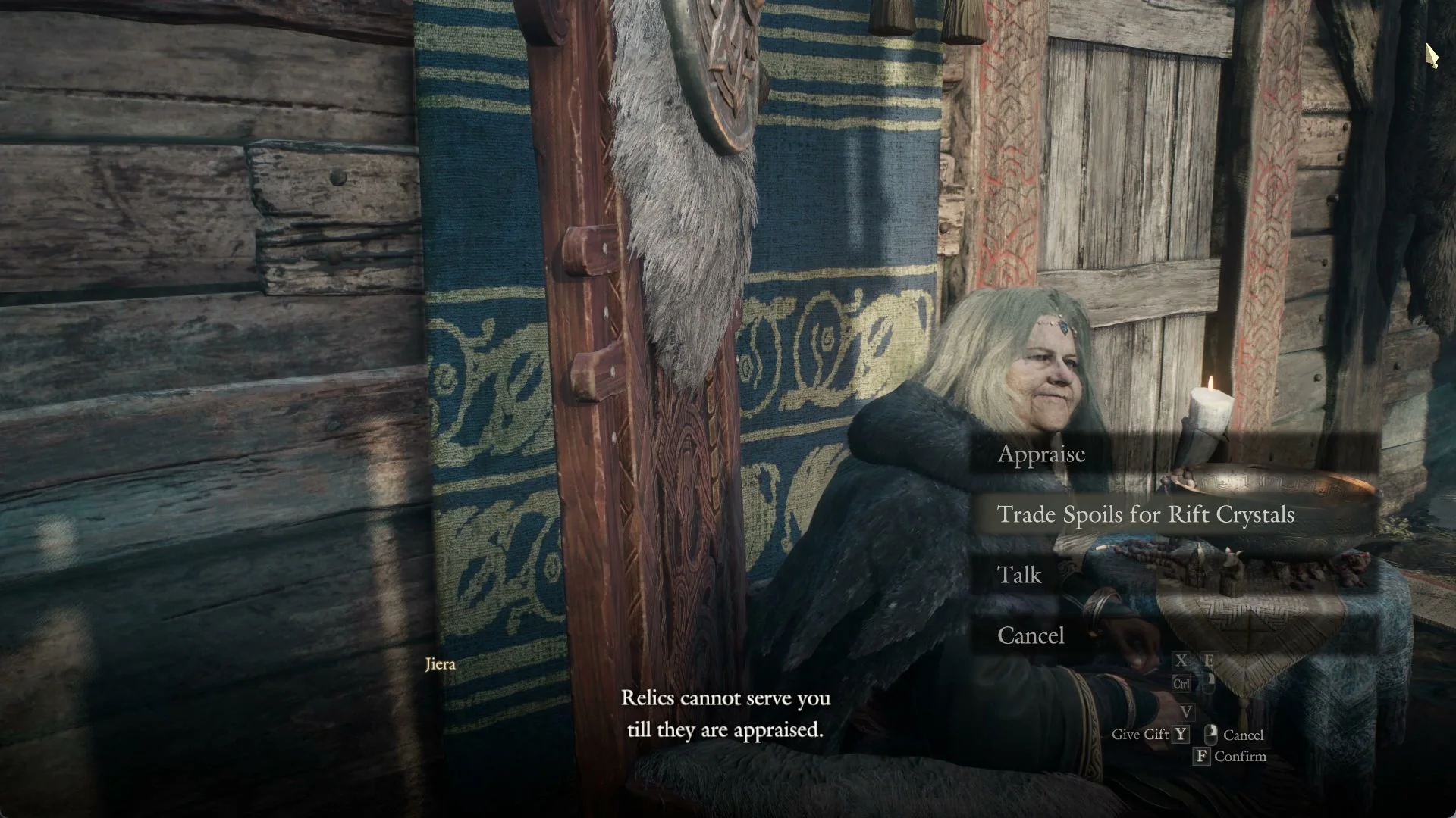 Jiera's menu: Appraise, Trade Spoils for Rift Crystals, Talk, Cancel